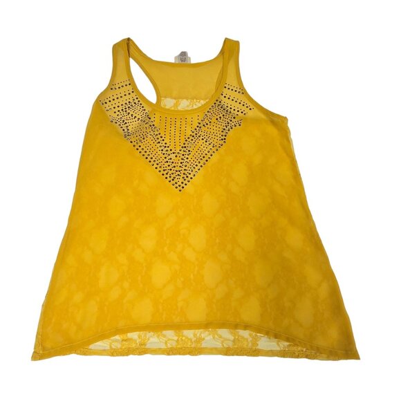 Daytrip Yellow Racerback Tank Top Rhinestones Sheer Lace Overlay Medium - Picture 2 of 12